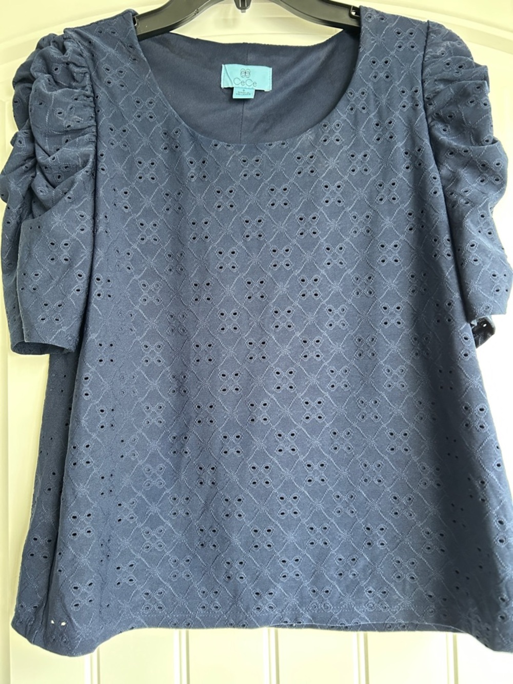 CeCe Navy Blue Eyelet Puff Sleeve Blouse